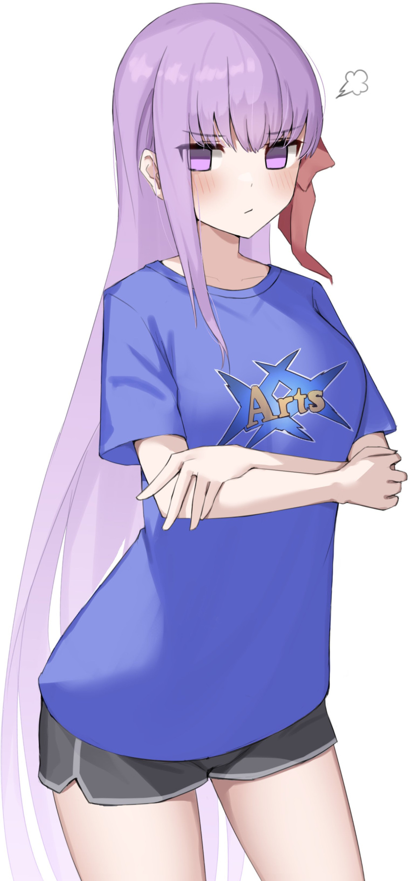 1girl absurdres arts_shirt bangs bb_(fate) bb_(fate/extra) black_shorts blue_shirt blush breasts crossed_arms dolphin_shorts fate/extra fate/extra_ccc fate_(series) hair_ribbon highres kopaka_(karda_nui) large_breasts long_hair looking_at_viewer purple_eyes purple_hair red_ribbon ribbon shirt short_shorts short_sleeves shorts solo t-shirt very_long_hair