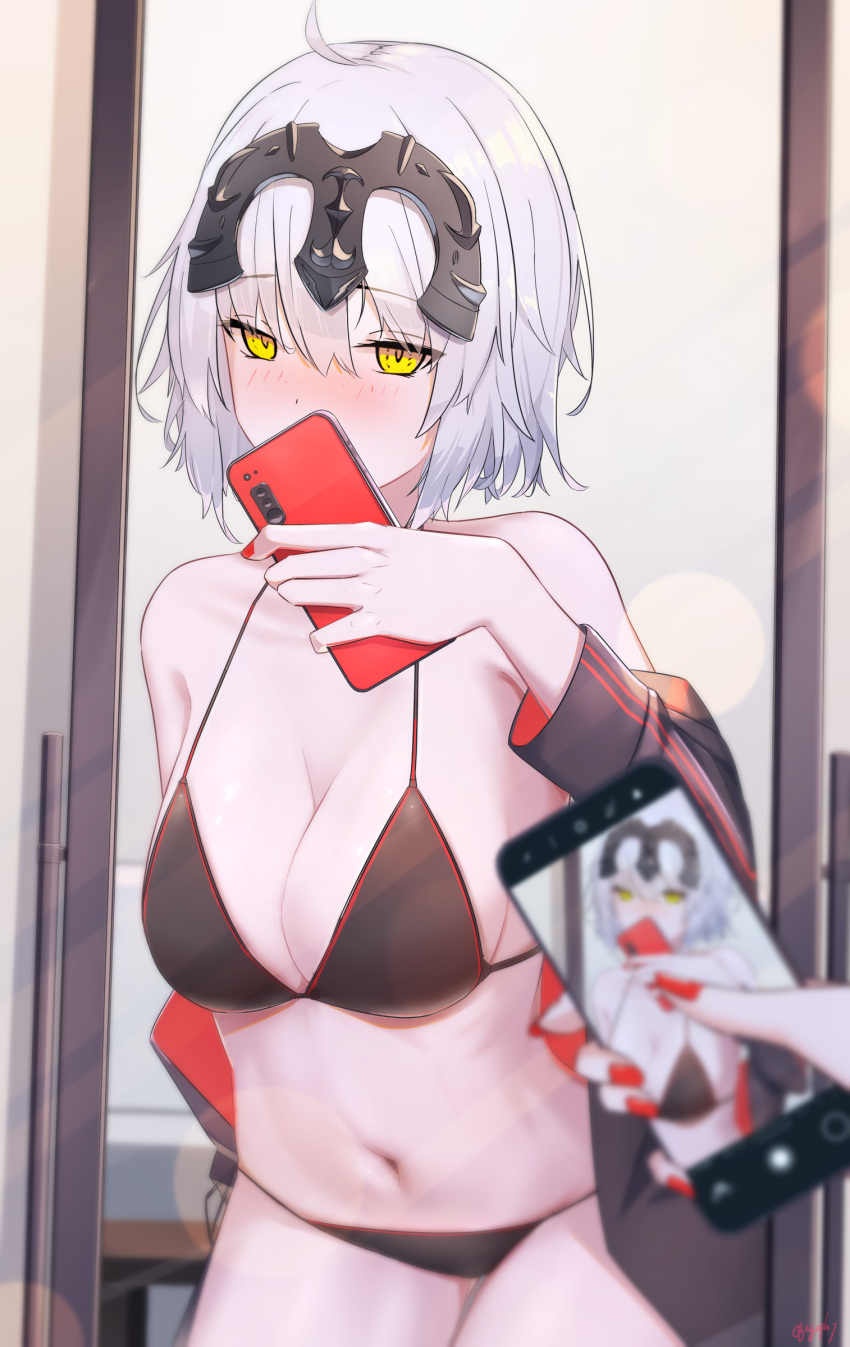 1girl absurdres ahoge bangs bare_shoulders bikini black_bikini breasts cellphone cleavage collarbone fate/grand_order fate_(series) grey_hair headpiece highres jeanne_d'arc_alter_(avenger)_(fate) jeanne_d'arc_alter_(fate) large_breasts looking_at_viewer mirror navel phone reflection sawarineko selfie short_hair solo swimsuit thighs yellow_eyes