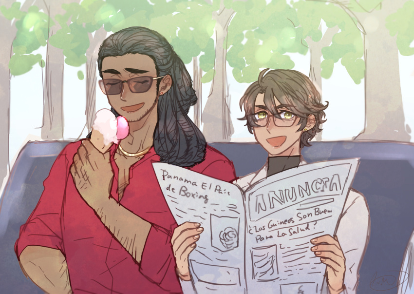 2boys alternate_hairstyle axis_powers_hetalia bench bespectacled brown_hair chatsubo_jp cuba_(hetalia) dark-skinned_male dark_skin day dreadlocks ecuador_(hetalia) food glasses highres holding holding_food holding_newspaper ice_cream_cone looking_at_viewer male_focus multiple_boys newspaper park park_bench pectoral_cleavage pectorals sunglasses tree turtleneck very_dark_skin yellow_eyes