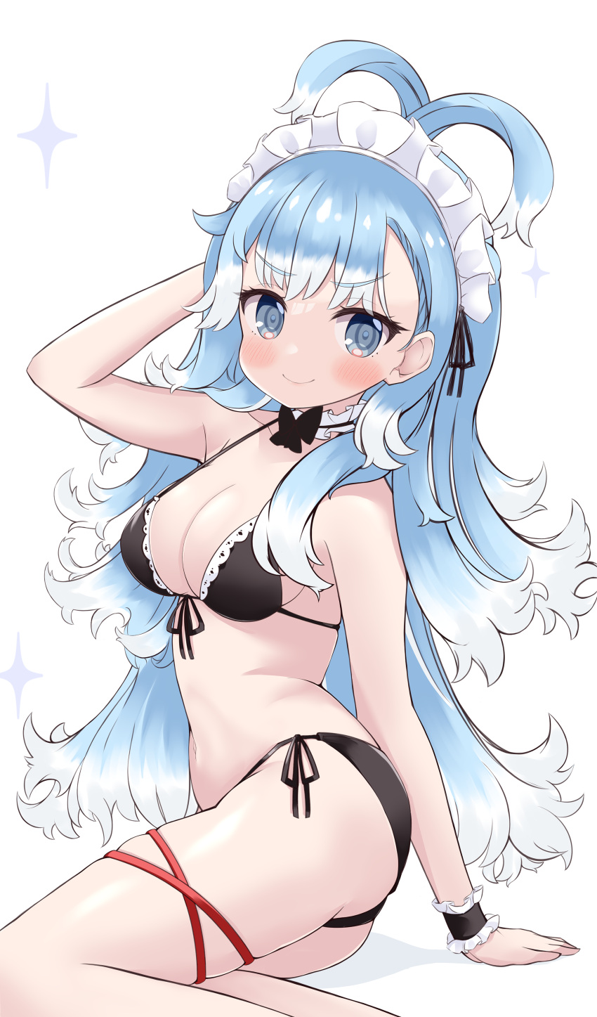 1girl absurdres arm_support arm_up arms_behind_head bangs bikini black_bikini blue_eyes blue_hair blush breasts closed_mouth cocozasa from_side front-tie_bikini front-tie_top highres hololive hololive_indonesia kobo_kanaeru long_hair looking_at_viewer maid_headdress medium_breasts multicolored_hair side-tie_bikini simple_background sitting solo sparkle streaked_hair string_bikini swimsuit very_long_hair virtual_youtuber white_background white_hair wrist_cuffs