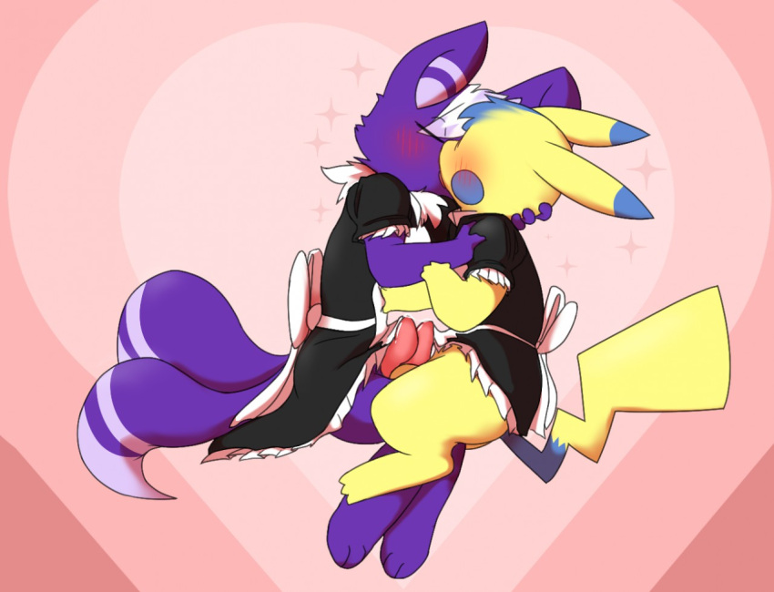 2_tails anthro big_bow_tie blue_hair blush blush_lines bottomless bottomless_male bow_tie clothed clothing digitigrade dipstick_ears dipstick_tail duo ears_back eyes_closed facing_each_other fan_character foot_on_foot frottage genitals hair hand_on_shoulder kissing maid_uniform male male/male markings meowstic miau multi_tail multicolored_ears neck_tuft nintendo paws penis penis_on_penis pikachu pivoted_ears pok&eacute;mon pok&eacute;mon_(species) purple_body romantic sex simple_background sitting small_hands spiky_hair tail_markings tapering_penis touching_hand tuft uniform video_games white_hair yellow_body