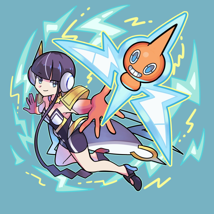 1girl bangs black_bodysuit black_footwear black_hair blue_eyes blunt_bangs bodysuit closed_mouth commentary_request elesa_(pokemon) gloves headphones high_heels highres lightning_bolt_symbol looking_at_viewer multicolored_hair official_alternate_costume orange_gloves outstretched_arms pokemon pokemon_(creature) pokemon_(game) pokemon_masters_ex rotom rotom_(normal) short_hair_with_long_locks smile streaked_hair sutokame