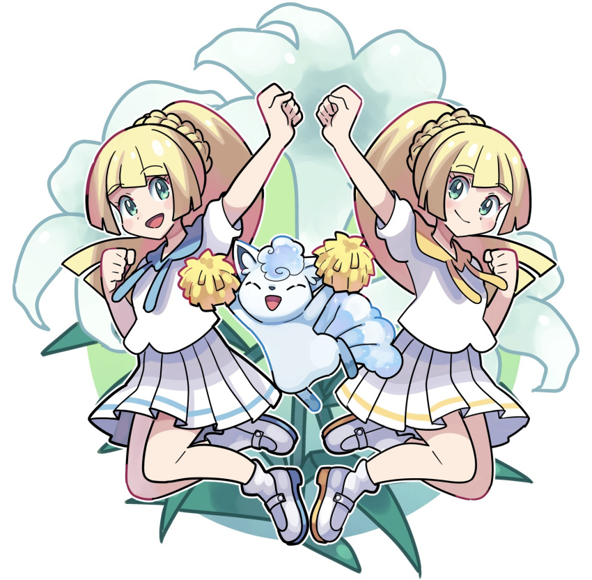 2girls :d alolan_vulpix arm_up bangs blonde_hair blush braid clenched_hand closed_mouth commentary_request eyelashes green_eyes highres lillie_(pokemon) long_hair multiple_girls open_mouth pleated_skirt pokemon pokemon_(anime) pokemon_(creature) pokemon_journeys pom_pom_(cheerleading) ponytail shirt shoes short_sleeves skirt smile socks sutokame tongue white_footwear white_legwear white_shirt white_skirt