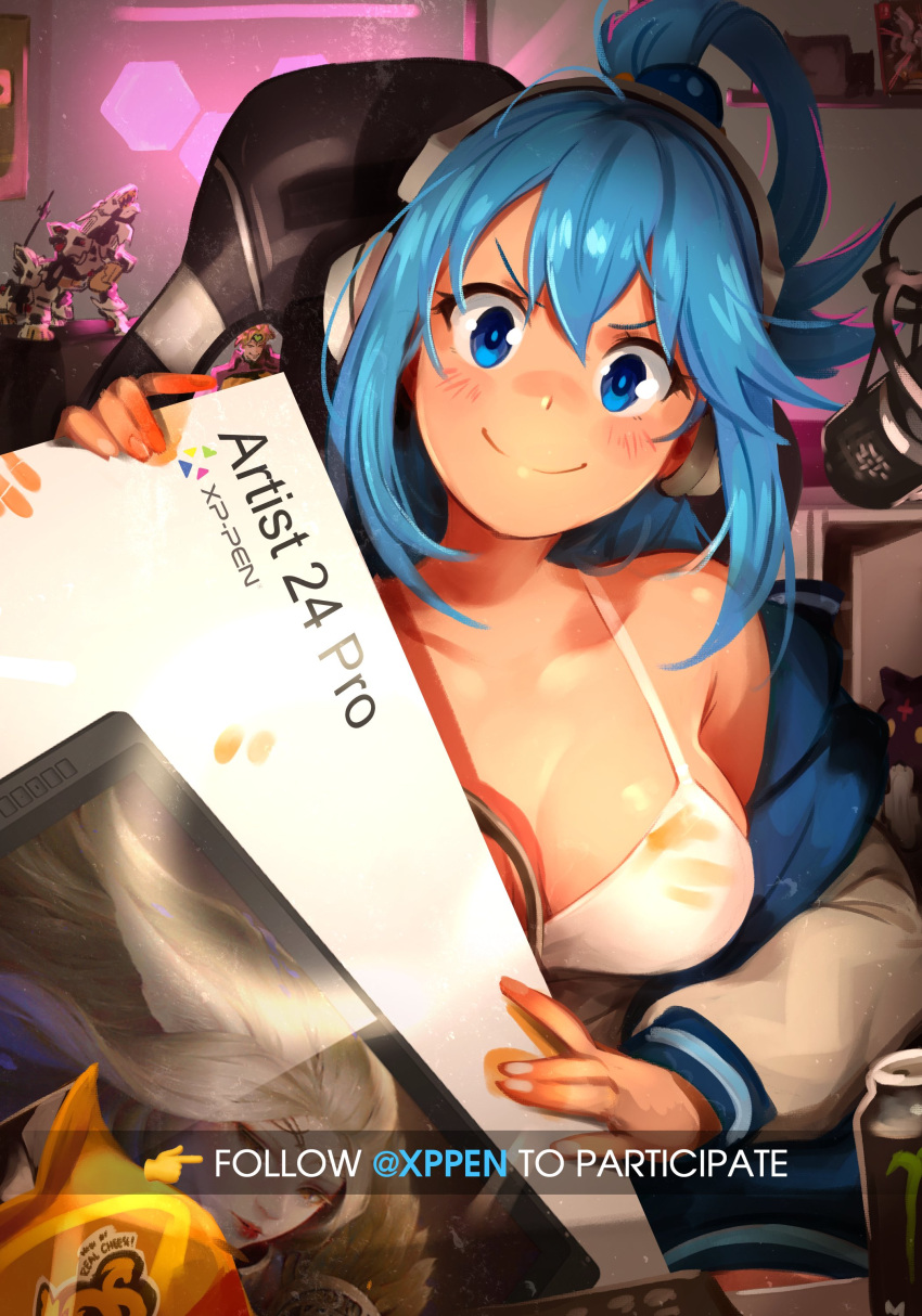 1girl absurdres aqua_(konosuba) bangs bare_shoulders blue_eyes blue_hair blush breasts camisole cat chair cheetos chomusuke closed_mouth commentary drawing_tablet english_commentary english_text figure hair_ornament hair_rings headphones highres holding indoors keyboard_(computer) khyle. kono_subarashii_sekai_ni_shukufuku_wo! large_breasts long_hair long_sleeves looking_at_viewer monster_energy product_placement shiny shiny_hair smile v-shaped_eyebrows