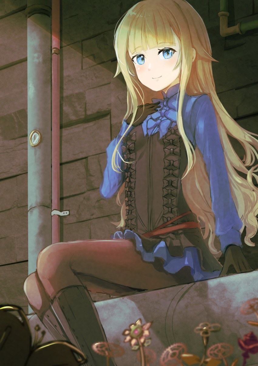 1girl bangs black_bow black_footwear black_gloves blonde_hair blue_bow blue_eyes blue_shirt blue_skirt blunt_bangs boots bow brown_legwear closed_mouth corset dress_shirt eyebrows_visible_through_hair gloves highres knee_boots long_hair long_sleeves looking_at_viewer miniskirt okina_(805197) pantyhose princess_(princess_principal) princess_principal shirt sitting skirt smile solo straight_hair very_long_hair