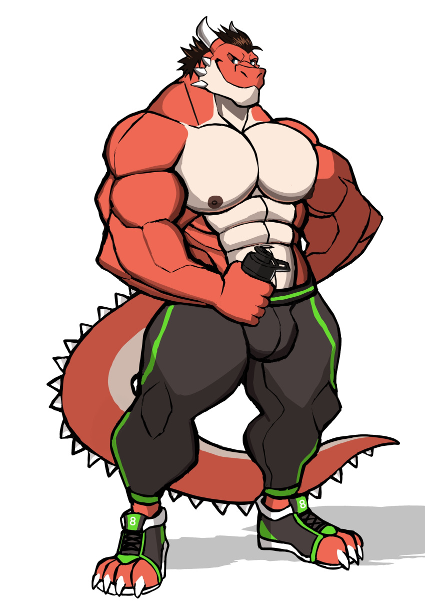 abs absurd_res anthro bottomwear bulge claws clothed clothing darknaigart dragon footwear hair hi_res horn male muscular muscular_anthro muscular_male nipples pants pecs shoes simple_background solo standing tight_bottomwear tight_clothing toeless_footwear toeless_shoes topless white_background