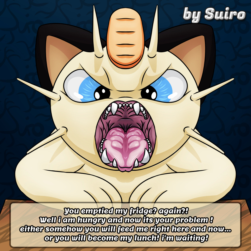 absurd_res ambiguous_gender blue_eyes character_off_screen hi_res imminent_vore looking_at_viewer meowth mouth_shot nintendo open_mouth pok&eacute;mon pok&eacute;mon_(species) suiro symmetry text video_games vore