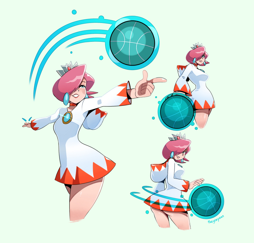 1girl absurdres basketball blue_eyes crown dress earrings english_commentary final_fantasy hair_over_one_eye highres hooded_dress jewelry mario_(series) mario_basketball_3on3 multiple_views pink_hair short_hair smile thegreyzen white_background white_dress white_mage