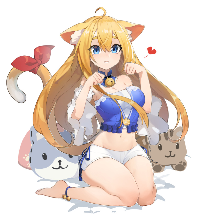 1girl ahoge animal_ears ankle_bell barefoot bell blonde_hair blue_collar blue_eyes bow breasts bustier cat_ears cat_girl cat_tail chemise choker cleavage collar detached_collar detached_sleeves full_body groin hair_between_eyes heart highres long_hair medium_breasts midriff navel neck_bell original paw_ornament paw_pose paw_print rang_go red_bow short_eyebrows shorts sidelocks smile spoken_heart strapless stuffed_animal stuffed_cat stuffed_toy tail tail_bow tail_ornament thighs very_long_hair white_background white_shorts white_sleeves