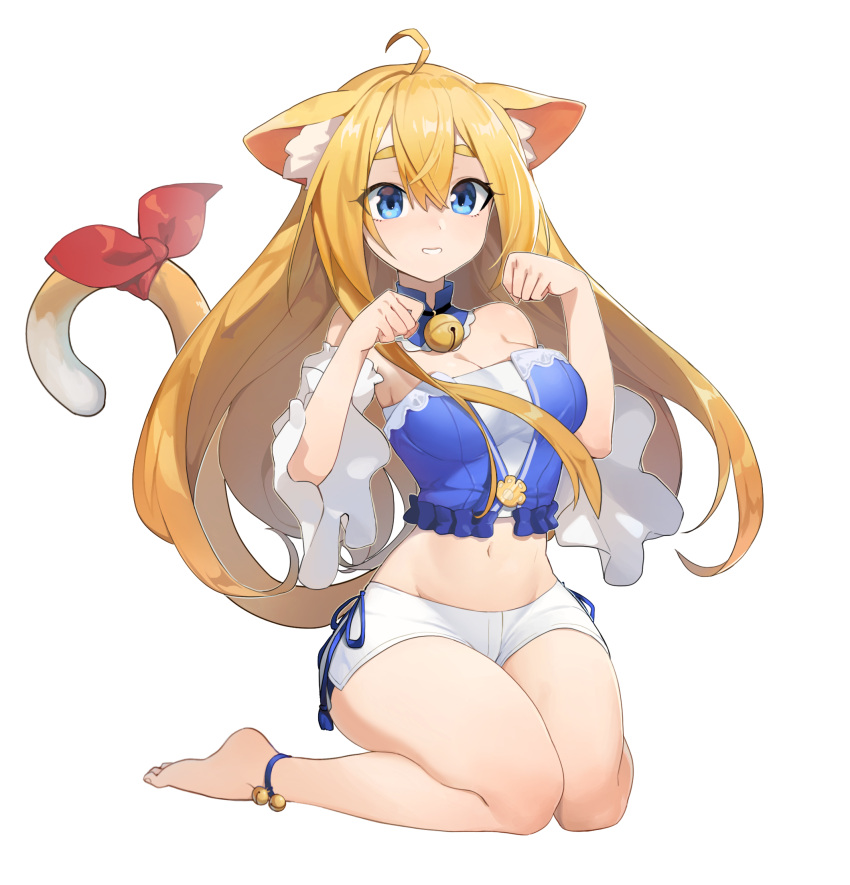 1girl ahoge animal_ears ankle_bell barefoot bell blonde_hair blue_collar blue_eyes bow breasts bustier cat_ears cat_girl cat_tail chemise choker cleavage collar detached_collar detached_sleeves full_body groin hair_between_eyes highres long_hair medium_breasts midriff navel neck_bell original paw_ornament paw_pose rang_go red_bow short_eyebrows shorts sidelocks smile strapless tail tail_bow tail_ornament thighs very_long_hair white_background white_shorts white_sleeves