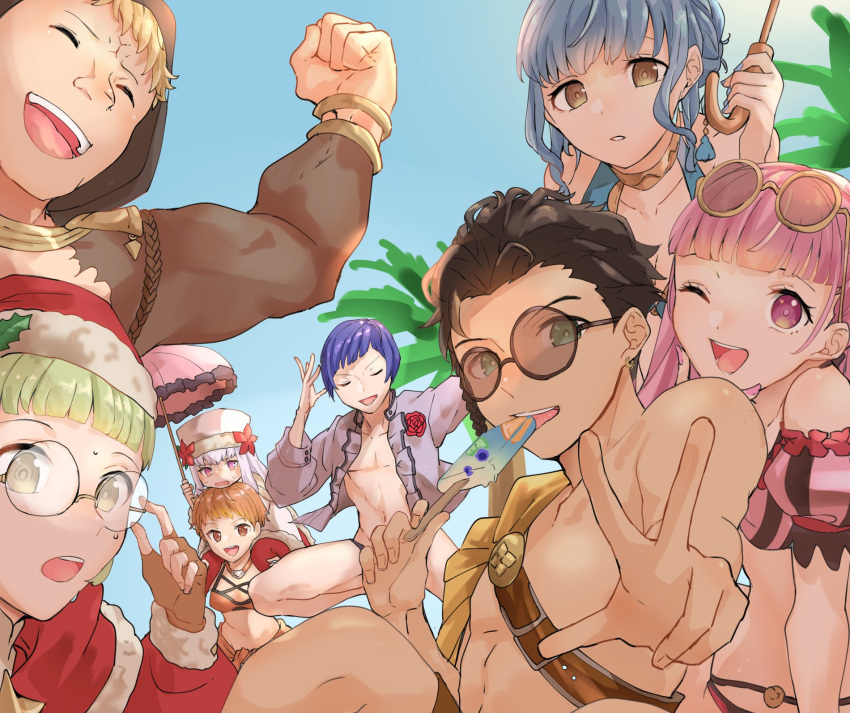 4boys 4girls :d bikini blonde_hair blue_hair blue_swimsuit braid breasts brown_eyes christmas claude_von_riegan closed_eyes eating fire_emblem fire_emblem:_three_houses fire_emblem_heroes flower food glasses green_eyes green_hair hat highres hilda_valentine_goneril holding holding_food holding_ice_cream ice_cream_bar ignatz_victor large_breasts leonie_pinelli long_hair long_sleeves looking_at_viewer lorenz_hellman_gloucester lysithea_von_ordelia male_swimwear marianne_von_edmund multiple_boys multiple_girls official_alternate_costume open_mouth orange_bikini orange_swimsuit parasol parted_lips pink_bikini pink_eyes pink_hair pink_swimsuit pink_umbrella popsicle purple_hair raphael_kirsten rose sanoyo_fe santa_costume santa_hat short_hair shoulder_belt smile swim_briefs swimsuit topless_male twintails umbrella white_hair