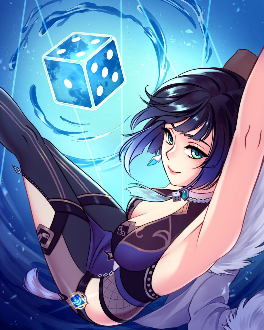 1girl aqua_eyes armpits arms_up bare_shoulders black_hair blue_background blue_hair breasts brooch cleavage commentary dice feet_out_of_frame genshin_impact gradient_hair highres jellypon jewelry large_breasts looking_at_viewer multicolored_hair pink_lips short_hair sleeveless smile solo thighs yelan_(genshin_impact)