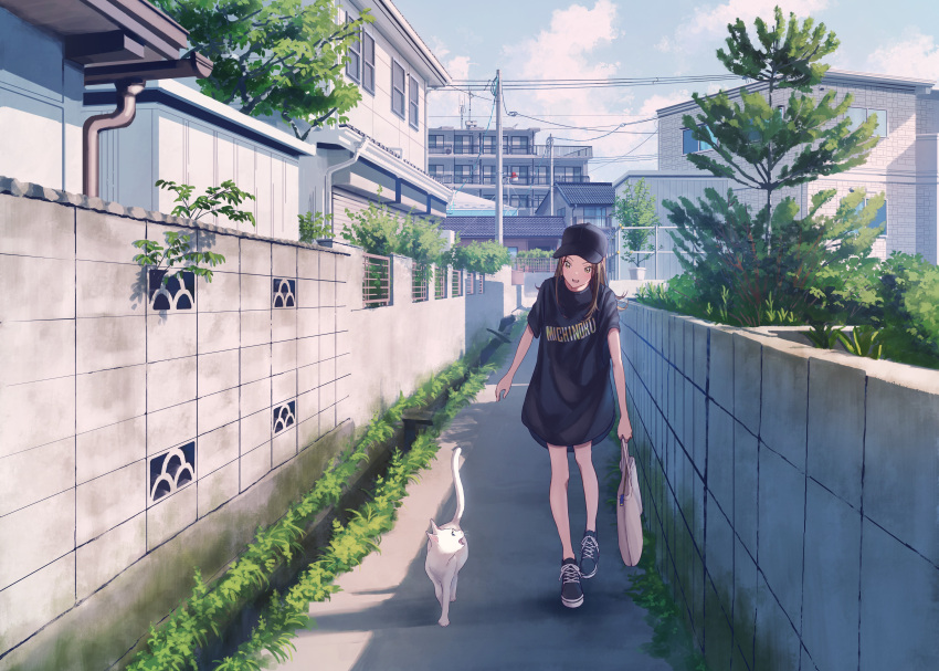 1girl absurdres apartment bag baggy_clothes baseball_cap black_footwear black_headwear black_shirt brown_eyes brown_hair cat city cloud commentary_request day hat highres holding holding_bag house michinoku_(hiking_miusan18) original outdoors power_lines railing road scenery shirt shoes short_sleeves sidelocks sky smile sneakers stone_wall street tree utility_pole vanishing_point walking wall white_cat window