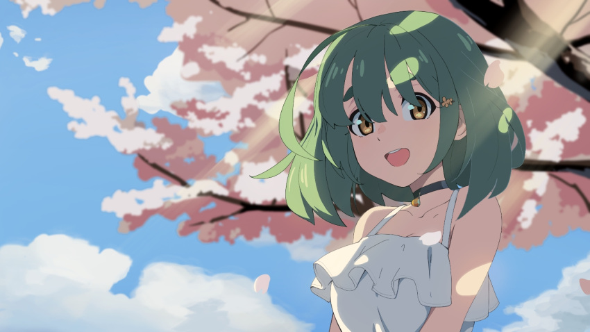 1girl breasts camisole cherry_blossoms choker cloud flower green_hair hair_flower hair_ornament light_rays looking_at_viewer medium_breasts open_mouth original outdoors rang_go short_hair sky smile solo spaghetti_strap sunlight teeth thick_eyebrows tree upper_body upper_teeth white_camisole yellow_eyes