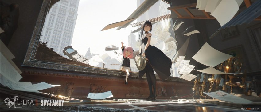 2girls :d absurdres ahoge anya_(spy_x_family) arm_up backlighting bangs black_dress black_footwear black_gloves black_hair black_legwear blurry blurry_background building chandelier child cityscape clock collared_shirt commentary_request copyright_name day dress eden_academy_uniform english_commentary fanbox_username female_child flying_paper glint gloves green_eyes hair_over_eyes hairband hairpods hat high_heels highres holding holding_clothes holding_hat ladder light_blush looking_to_the_side mary_janes md5_mismatch medium_hair mixed-language_commentary mother_and_daughter multiple_girls open_mouth overcast painting_(object) paper paper_stack picture_(object) pink_hair red_eyes revision scenery school_uniform shirt shoes short_dress sidelocks sitting sleeveless sleeveless_dress smile spy_x_family square_neckline standing thighhighs void_0 waist_cape white_headwear white_legwear white_shirt wide_shot yor_briar