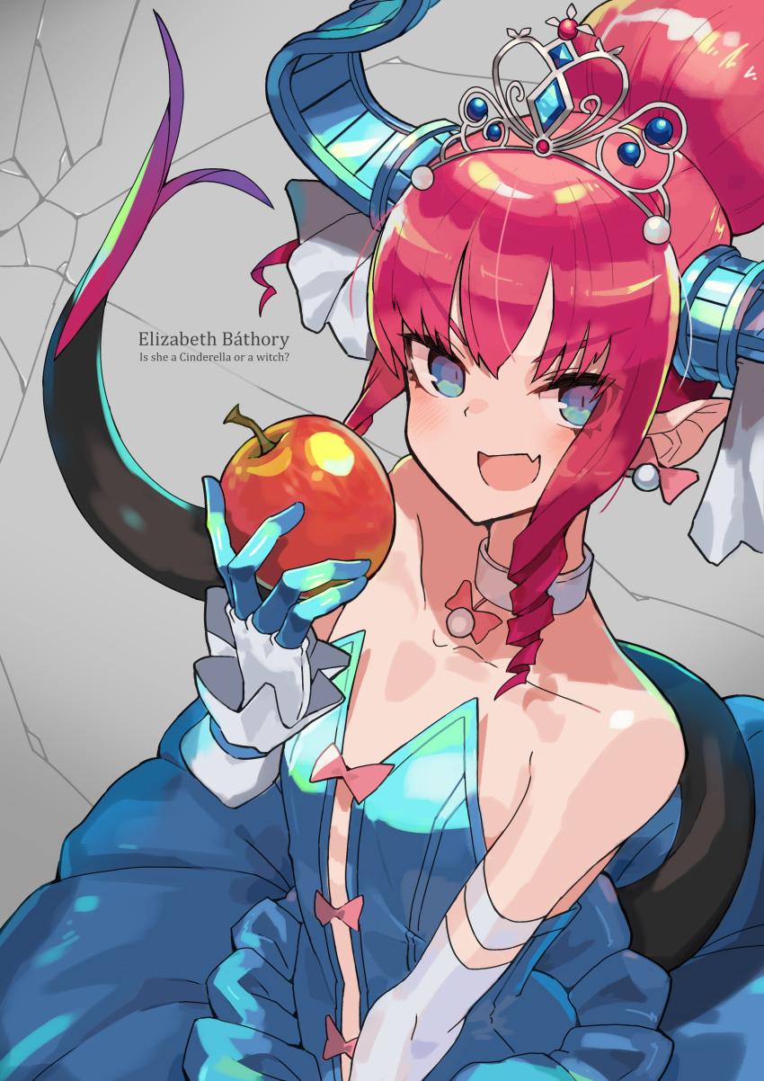 1girl absurdres asymmetrical_horns bangs bare_shoulders blue_dress blue_eyes blush breasts detached_sleeves dragon_girl dragon_horns dragon_tail dress earrings elizabeth_bathory_(cinderella_rider)_(fate) elizabeth_bathory_(fate) elizabeth_bathory_(fate/extra_ccc) fang fate/grand_order fate_(series) gloves halloween highres horns jewelry katsu_(katsupainter) long_hair looking_at_viewer pink_hair pointy_ears skin_fang small_breasts smile solo tail tiara