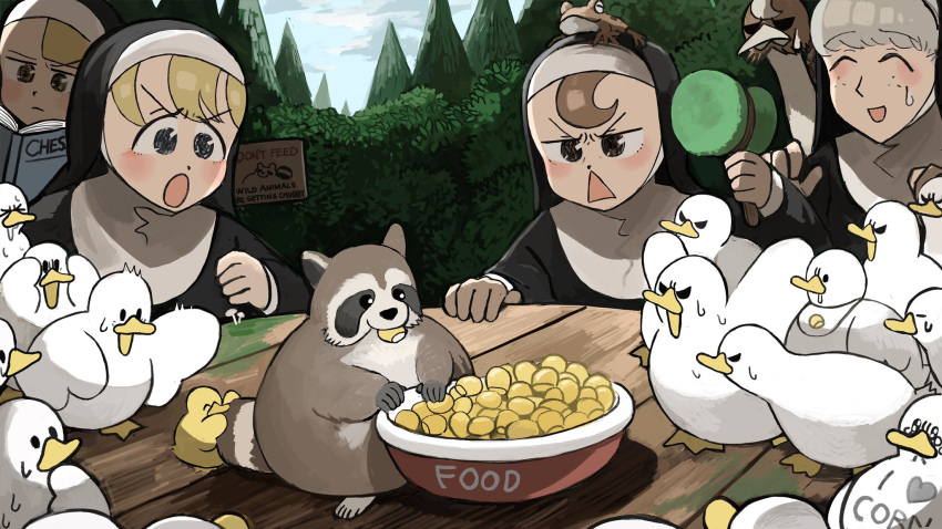 4girls :&lt; :o animal_on_head bib bird blonde_hair blue_eyes body_writing book bowl brown_eyes brown_hair catholic chicken closed_eyes clumsy_nun_(diva) corn diva_(hyxpk) drooling duck duckling eating freckles frog froggy_nun_(diva) grey_hair habit highres little_nuns_(diva) multiple_girls note nun on_head ostrich raccoon reading sheep_nun_(diva) sign smile spicy_nun_(diva) sweat sweating_profusely tree yellow_eyes