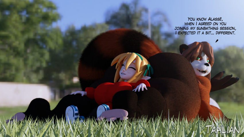 2021 3d_(artwork) accessory anthro big_breasts big_butt big_tail blender_(software) blizzard_entertainment breasts brown_body brown_fur brown_hair butt clothing curvy_figure detailed_background dialogue digital_media_(artwork) duo elf english_text feet felicia_(tahlian) female fingers fluffy fluffy_tail freckles fur green_eyes hair hair_accessory hair_bow hair_ribbon hi_res huge_breasts huge_butt humanoid humanoid_pointy_ears kimiko_(tahlian) light-skinned_female light_body light_skin long_tail looking_back lying mammal multicolored_body multicolored_fur nude on_front orange_hair outside pandaren pawpads red_body red_fur red_pandaren ribbons short_stack sitting size_difference sweater tahlian text thick_thighs toes topwear ursid video_games voluptuous warcraft white_body white_fur wide_hips