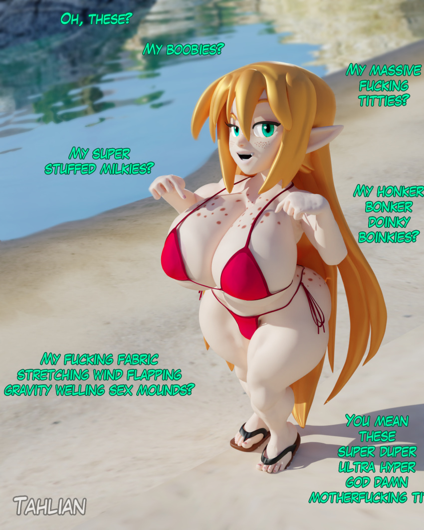 2021 3d_(artwork) artist_name beach bedroom_eyes big_breasts big_butt bikini blender_(software) breasts butt clothing curvaceous curvy_figure detailed_background dialogue digital_media_(artwork) elf english_text eyelashes feet felicia_(tahlian) female fingers flip_flops footwear freckles freckles_on_breasts freckles_on_butt hair hi_res hourglass_figure huge_breasts humanoid humanoid_pointy_ears light-skinned_female light_body light_skin long_hair looking_at_viewer mammal meme narrowed_eyes not_furry oh_these? orange_hair outside sandals sea seaside seductive short_stack side-tie_bikini solo swimwear tahlian talking_to_viewer teal_eyes text thick_thighs toes voluptuous water watermark wide_hips