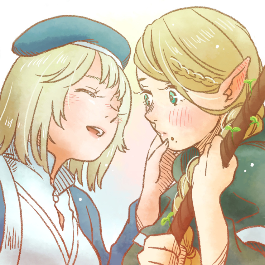 2girls blonde_hair blue_robe blush braid braided_ponytail closed_eyes crumbs dungeon_meshi elf falin_thorden food food_on_face green_eyes green_robe hand_on_another's_face highres looking_at_another marcille multiple_girls pointy_ears smalltung smile staff yuri