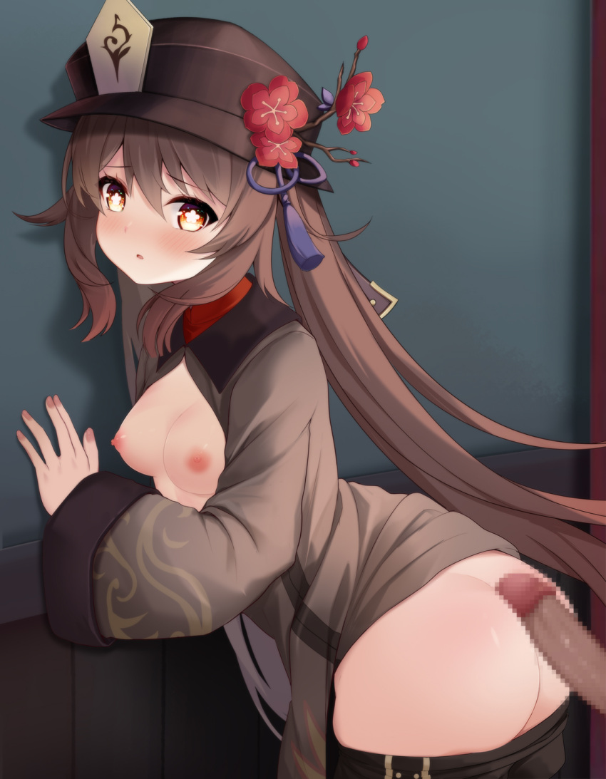 1boy 1girl against_wall ass blush breasts breasts_out brown_hair buttjob chinese_clothes clothes_pull erection flower genshin_impact hat hat_flower highres hu_tao_(genshin_impact) long_sleeves looking_at_viewer nipples penis qunqing red_eyes shorts shorts_pull small_breasts standing top_hat wide_sleeves