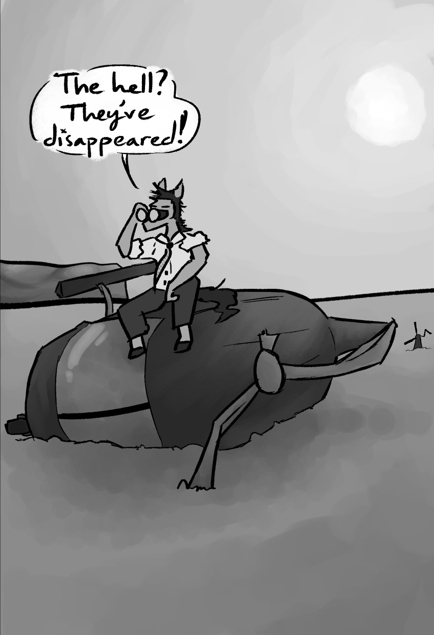 2022 absurd_res aircraft anthro binoculars clothed clothing comic dialogue digital_media_(artwork) english_text equid equine fur greyscale hair halcyon_(series) helicopter hi_res horse lost_andsafe male mammal manager_(halcyon) monochrome simple_background solo speech_bubble text vehicle