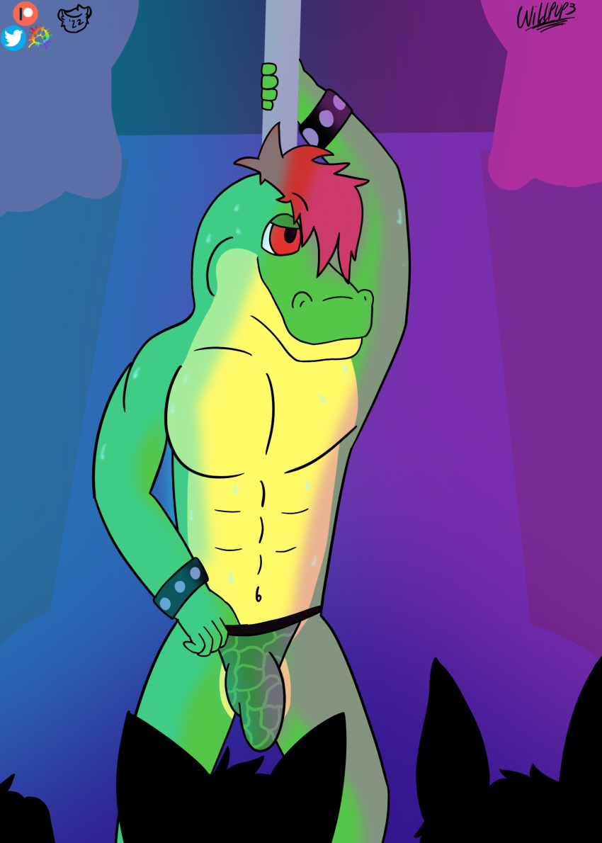 absurd_res alligator alligatorid being_watched bodily_fluids bracelet bulge clothing crocodilian crowd five_nights_at_freddy's five_nights_at_freddy's:_security_breach group hi_res jewelry jockstrap looking_at_another male montgomery_gator_(fnaf) mostly_nude pole reptile scalie scottgames simple_background solo solo_focus stripper_pole suggestive sweat sweatdrop underwear video_games wildpupper