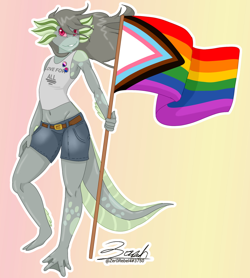 2022 absurd_res amphibian anthro axolotl beckett_(zer0rebel4) belt bisexual_pride_colors bottomwear clothing cutoffs denim denim_clothing digital_drawing_(artwork) digital_media_(artwork) english_text female fin flag flat_chested genderfluid_pride_colors gradient_background green_body green_markings grey_hair hair hi_res holding_flag holding_object lgbt_history_month lgbt_pride looking_at_viewer markings membrane_(anatomy) midriff mole_salamander non-mammal_hair nonbinary_(lore) pink_eyes pink_sclera pride_color_accessory pride_colors progress_pride_colors rainbow_flag rainbow_pride_flag rainbow_symbol salamander_(amphibian) shirt shorts simple_background smile solo spots spotted_body tank_top text text_on_clothing text_on_shirt text_on_topwear topwear webbed_feet webbed_hands zer0rebel4