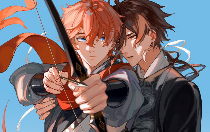 2boys ahoge alternate_costume alternate_weapon arrow_(projectile) bangs blue_eyes bow_(weapon) brown_hair couple donaldakron drawing_bow eye_contact genshin_impact gradient_hair hair_between_eyes highres holding holding_bow_(weapon) holding_weapon incoming_attack long_hair looking_at_another male_focus multicolored_hair multiple_boys ponytail short_hair tartaglia_(genshin_impact) thick_eyebrows upper_body weapon whispering wind yaoi yellow_eyes zhongli_(genshin_impact)