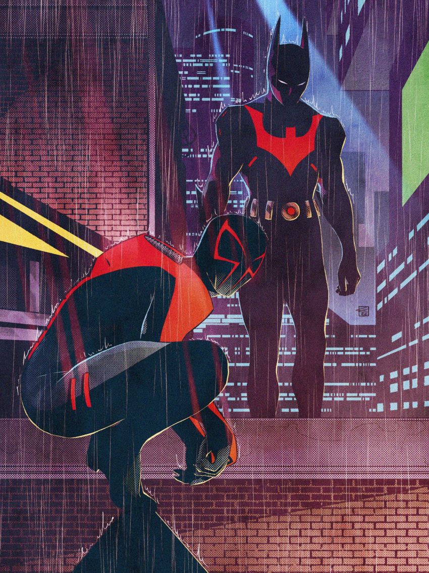 2boys batman batman_(series) batman_beyond black_bodysuit bodysuit city colin_craker crossover dc_comics highres looking_ahead male_focus marvel mask multiple_boys rain searchlight spider-man_(2099) spider-man_(series) squatting superhero terry_mcginnis trait_connection