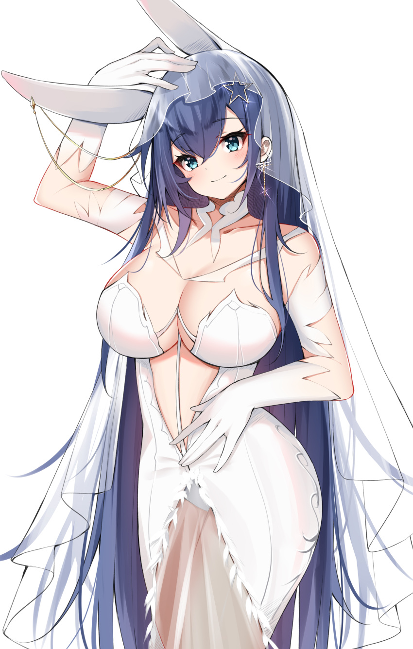 1girl absurdres animal_ears azur_lane blue_eyes blush breasts bridal_veil catnnn cleavage closed_mouth dress eyebrows_visible_through_hair fake_animal_ears gloves hair_ornament highres large_breasts looking_at_viewer new_jersey_(azur_lane) new_jersey_(snow-white_ceremony)_(azur_lane) official_alternate_costume see-through simple_background solo standing star_(symbol) star_hair_ornament veil wedding_dress white_dress white_gloves