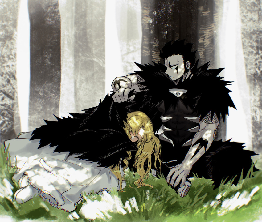 1boy 1girl arm_tattoo armor bangs black_cape black_hair black_nails black_pants blank_eyes blonde_hair boots brago_(konjiki_no_gash!!) cape cape_hold closed_eyes colored_skin covering_with_blanket dappled_sunlight dress drill_hair facial_mark fishnets forest fur_trim gorget grass grey_skin highres konjiki_no_gash!! lap_pillow long_hair lying muscular muscular_male nature on_ground on_side outdoors ozaki_(tsukiko3) pants shared_cape shared_clothes sherry_belmont short_hair side_drill sideburns sitting sleeping spiked_hair spikes sunlight tattoo twin_drills under_covers white_dress white_footwear