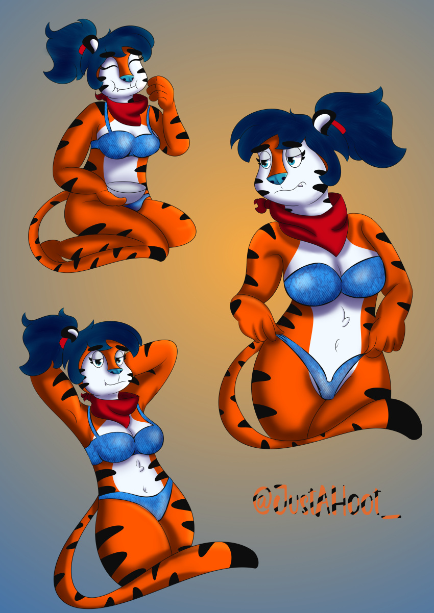 absurd_res anthro blue_eyes blue_hair blue_nose bra clothing crossgender felid female frosted_flakes fur hair hi_res justahoot kellogg's lingerie mammal mascot mtf_crossgender multicolored_body multicolored_fur orange_body pantherine solo tiger tony_the_tiger underwear white_body