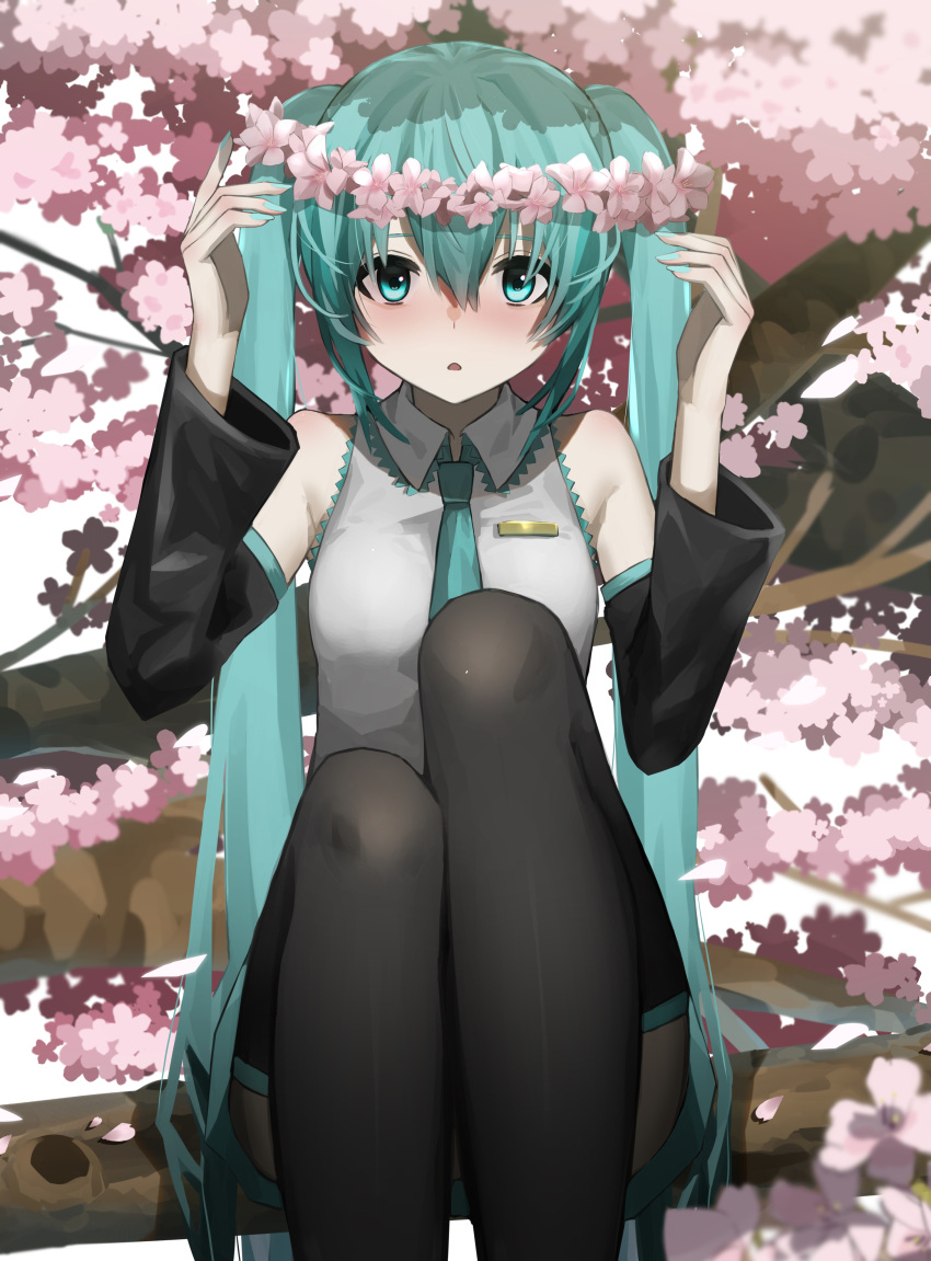 1girl absurdres bangs blue_eyes blue_hair blush cherry_blossoms chestnut_mouth collared_shirt detached_sleeves hands_up hatsune_miku head_wreath highres in_tree knees_up long_hair long_sleeves looking_at_viewer nail_polish necktie pantyhose parted_lips shirt sitting sitting_in_tree skirt sleeveless sleeveless_shirt socks_over_pantyhose solo thighhighs tree twintails upin_0520 very_long_hair vocaloid