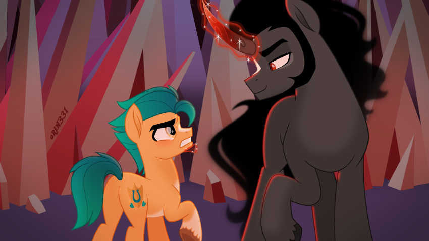 absurd_res beard black_mane black_tail cutie_mark earth_pony equid equine eyebrows facial_hair feral fetlocks friendship_is_magic glowing glowing_horn green_mane green_tail grey_body half-closed_eyes hasbro hi_res hitch_trailblazer_(mlp) hooves horn horse king_sombra_(mlp) larger_male looking_down looking_up magic male mammal mane mlp_g5 my_little_pony narrowed_eyes orin331 pony red_eyes size_difference smaller_male thick_eyebrows unicorn yellow_body