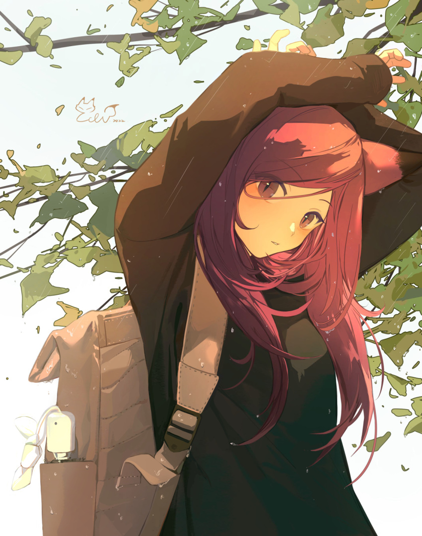 1girl animal_ears arms_up backpack bag bangs blush branch closed_umbrella eden_(eden871225) fox_ears fox_girl highres long_hair long_sleeves looking_at_viewer original parted_bangs parted_lips pink_eyes pink_hair rain signature sleeves_past_wrists slit_pupils solo tree umbrella
