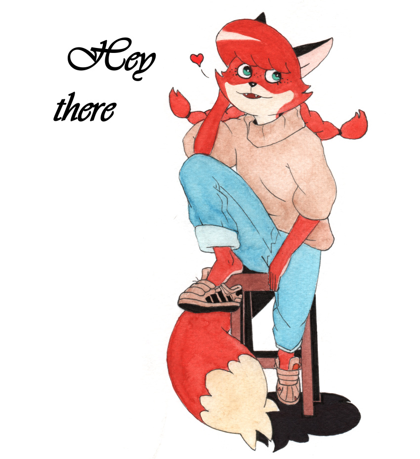 &lt;3 absurd_res anthro baggy_clothing bottomwear braided_hair canid canine chair clothing denim denim_clothing dtiys efradraws female footwear fox fox_tail fur furniture green_eyes hair hi_res jeans mammal marker_(artwork) orange_body orange_fur painting_(artwork) pants patricia_mac_sionnach red_body red_fur shoes sitting sneakers solo sweater topwear traditional_media_(artwork) watercolor_(artwork)