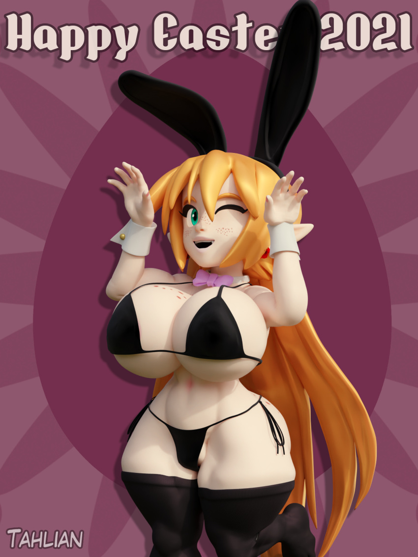 2021 3d_(artwork) abstract_background artist_name big_breasts bikini blender_(software) bow_tie breasts clothing cuffs_(clothing) curvaceous curvy_figure digital_media_(artwork) easter elf english_text eyelashes fake_ears fake_rabbit_ears felicia_(tahlian) female fingers freckles freckles_on_breasts hair hi_res holidays hourglass_figure huge_breasts humanoid humanoid_pointy_ears legwear light-skinned_female light_body light_skin long_hair mammal navel not_furry one_eye_closed orange_hair short_stack side-tie_bikini simple_background skindentation smile solo standing swimwear tahlian teal_eyes text thick_thighs thigh_highs voluptuous watermark wide_hips wink