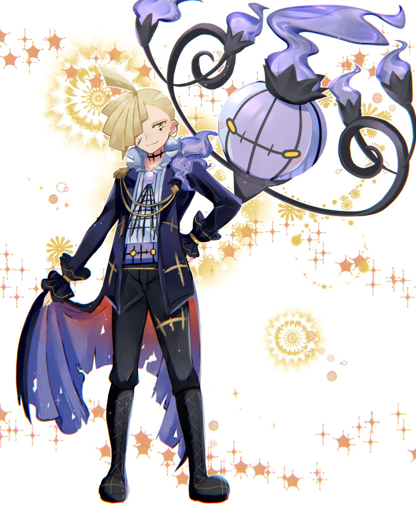 1boy ahoge alternate_costume bangs blonde_hair boots chandelure choker closed_mouth commentary_request epaulettes full_body gladion_(pokemon) green_eyes hair_over_one_eye hand_on_hip highres jacket male_focus mocacoffee_1001 open_clothes open_jacket pants pokemon pokemon_(creature) pokemon_(game) pokemon_sm short_hair single_epaulette smile standing
