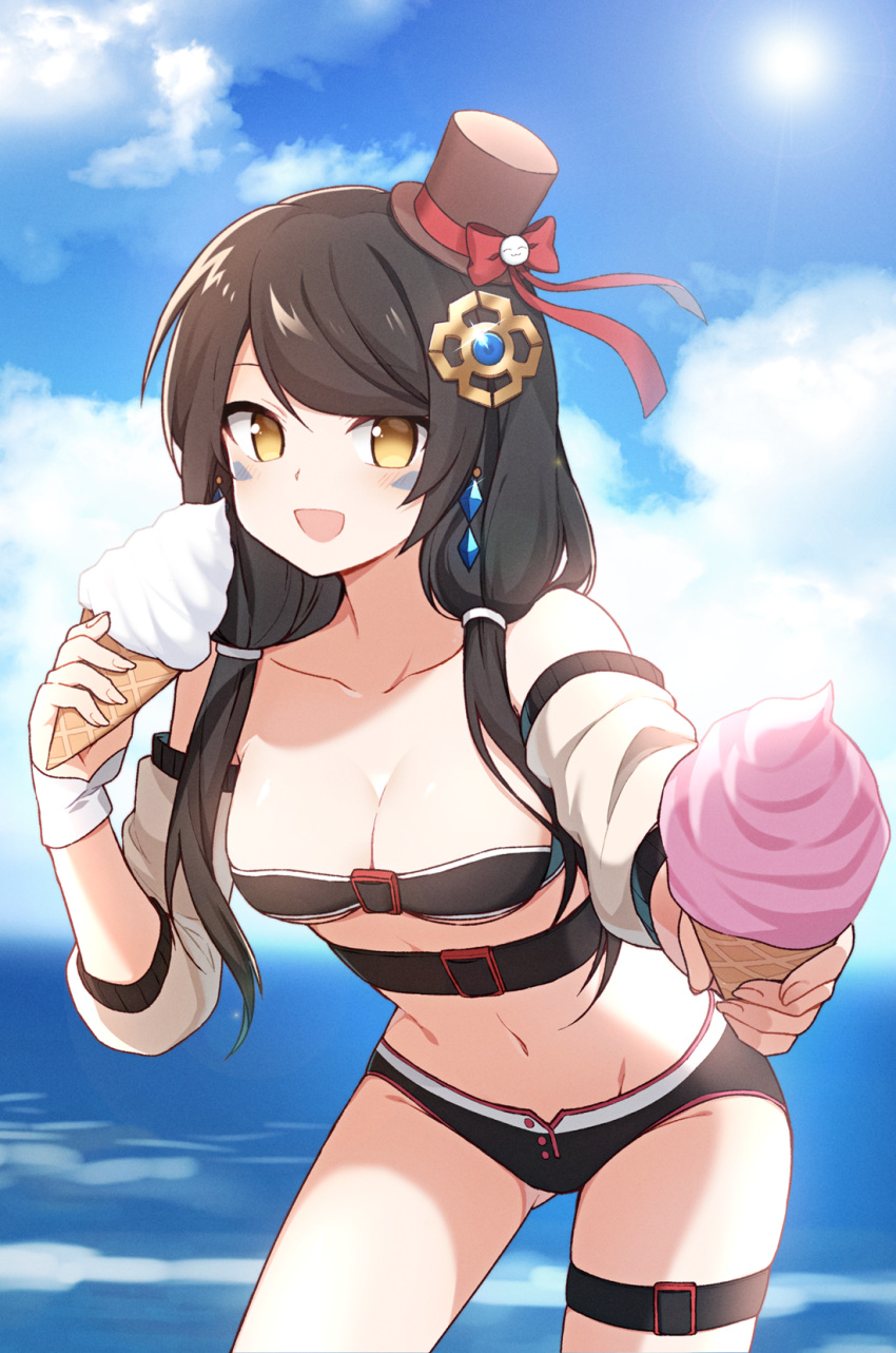 1girl :d artist_request ass_visible_through_thighs bare_shoulders belt bikini black_bikini black_hair black_headwear breasts cleavage collarbone cowboy_shot day detached_sleeves elsword eve_(2nas)_(elsword) eve_(elsword) facial_mark food hair_ornament hat highres holding ice_cream leaning_forward long_hair looking_at_viewer medium_breasts navel open_mouth outdoors smile solo standing stomach strapless strapless_bikini swimsuit thigh_strap thighs top_hat yellow_eyes