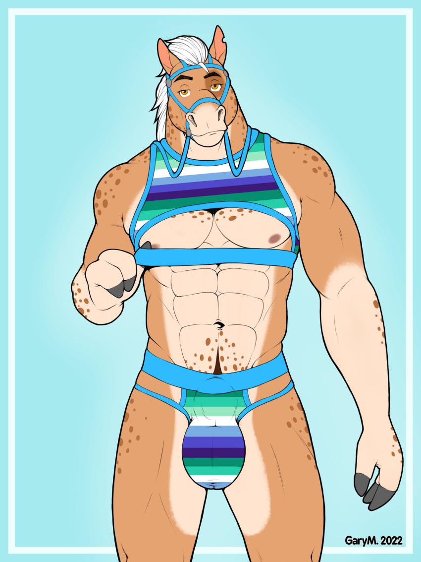 2022 abs anthro artist_name big_bulge big_muscles blue_background bulge clothed clothing crop_top equid equine eyebrows front_view gary_(otkgary) hair half-closed_eyes harness hi_res horse huge_bulge jockstrap lgbt_history_month lgbt_pride looking_at_viewer male mammal muscular muscular_anthro muscular_male muzzle_(object) muzzled narrowed_eyes navel nipples otkgary pecs pride_color_clothing pride_colors shirt simple_background smile solo standing topwear underwear vincian_pride_colors