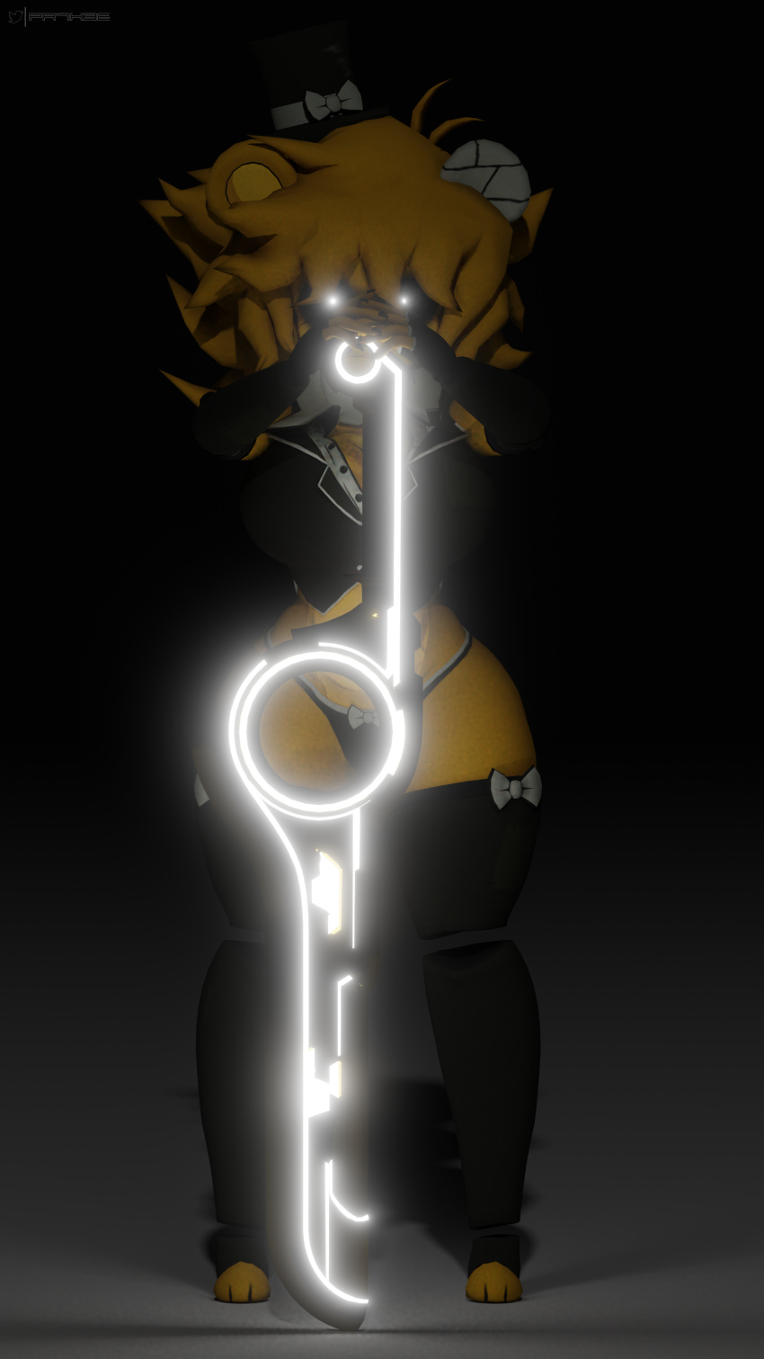 absurd_res anthro bandaged_ear black_clothing black_legwear black_stockings black_topwear black_vest blonde_hair clothing female five_nights_at_freddy's fredina's_nightclub glowing glowing_eyes glowing_sword golden_freddy_(fnaf) golden_fredina_(cally3d) hair hat headgear headwear hi_res large_sword legwear mammal nintendo prykez scottgames solo stockings thong top_hat topwear underwear ursid vest video_games xenoblade_chronicles yellow_body