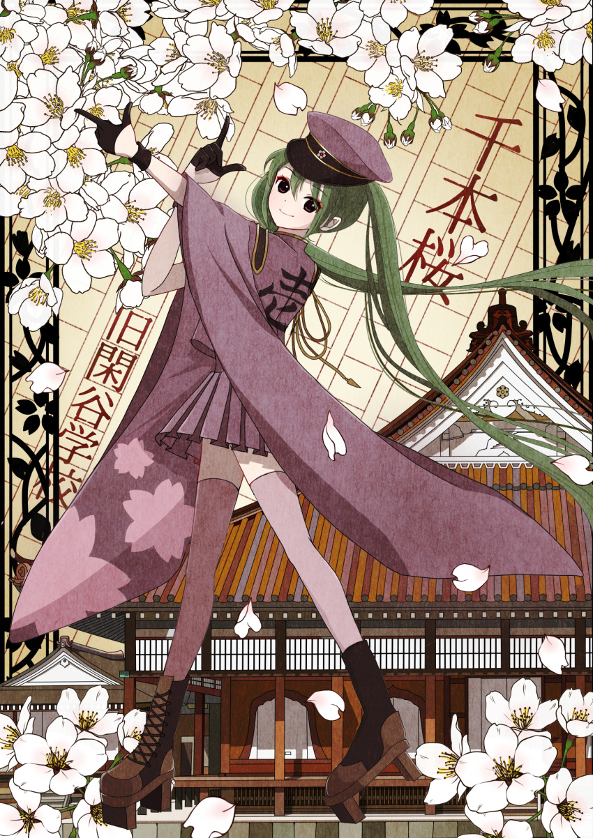 1girl architecture bangs black_eyes boots cross-laced_footwear east_asian_architecture eyeshadow floating_hair flower from_side geta gloves green_hair half_gloves hat hatsune_miku highres lace-up_boots long_hair looking_at_viewer makeup military military_hat military_uniform mofmama outstretched_arm pleated_skirt pointing red_eyeshadow senbon-zakura_(vocaloid) skirt smile solo thighhighs translation_request twintails uniform very_long_hair vocaloid walking wide_sleeves wristband