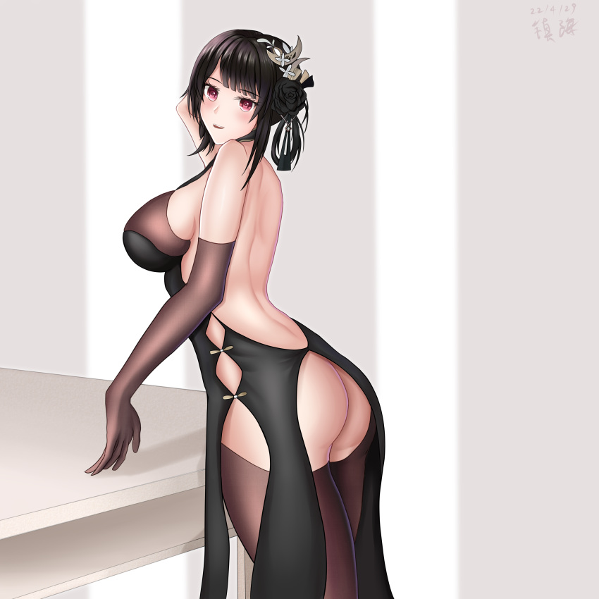 1girl absurdres ass ass_cutout azur_lane backless_dress backless_outfit black_dress black_flower black_rose bodystocking breasts chen_hai_(azur_lane) chen_hai_(vestibule_of_wonders)_(azur_lane) china_dress chinese_clothes clothing_cutout dress elbow_gloves flower from_side gloves highres large_breasts long_hair looking_at_viewer looking_to_the_side official_alternate_costume rose solo standing zhangdage