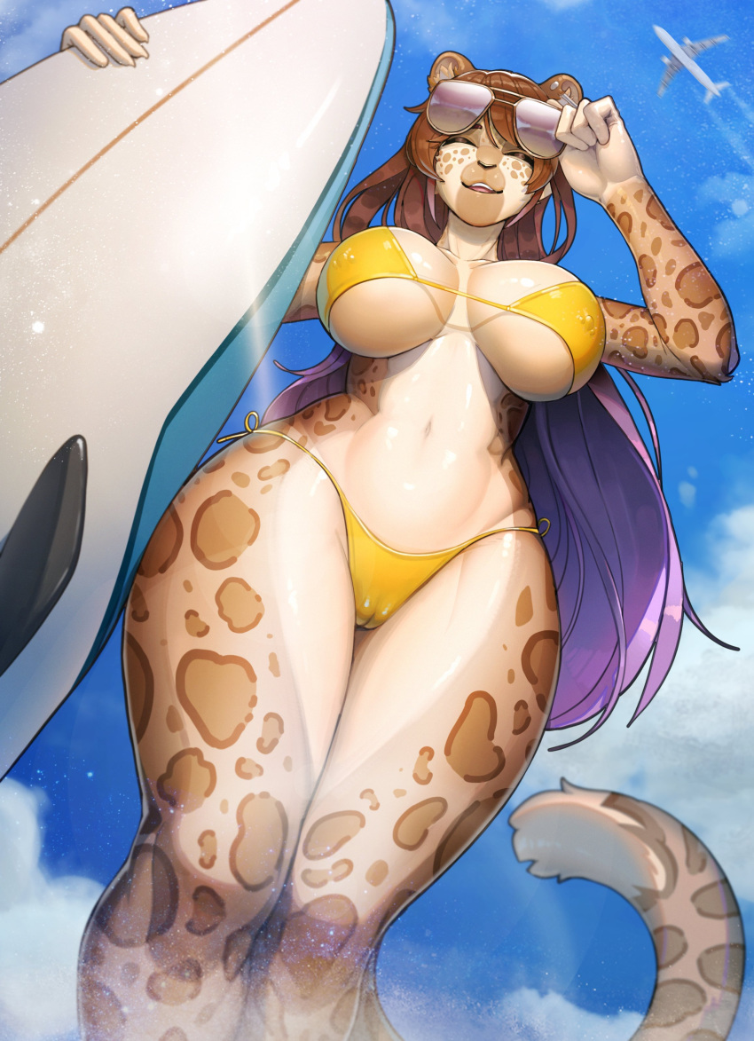 absurd_res aircraft airplane anthro big_breasts bikini breasts brown_hair camel_toe clothing eyes_closed eyewear eyewear_on_head felid female front_view fur grey_body grey_fur hair hi_res janjin192 leopard long_hair long_tail low-angle_view mammal nipple_outline nipple_piercing nipples pantherine piercing smile solo spots sunglasses sunglasses_on_head surfboard swimwear