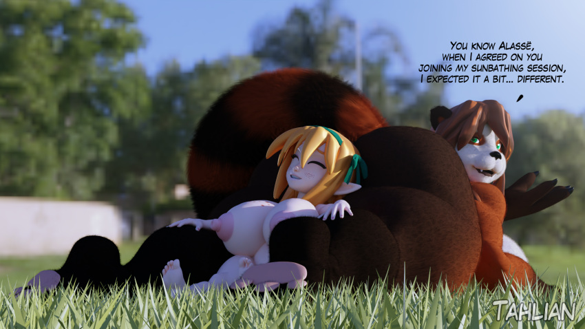 2021 3d_(artwork) accessory anthro areola big_areola big_breasts big_butt big_tail blender_(software) blizzard_entertainment breasts brown_body brown_fur brown_hair butt curvy_figure detailed_background dialogue digital_media_(artwork) duo elf english_text feet felicia_(tahlian) female fingers fluffy fluffy_tail freckles fur green_eyes hair hair_accessory hair_bow hair_ribbon hi_res huge_breasts huge_butt humanoid humanoid_pointy_ears kimiko_(tahlian) light-skinned_female light_body light_skin long_tail looking_back lying mammal multicolored_body multicolored_fur nipples nude on_front orange_hair outside pandaren pawpads puffy_nipples red_body red_fur red_pandaren ribbons short_stack sitting size_difference tahlian text thick_thighs toes ursid video_games voluptuous warcraft white_body white_fur wide_hips