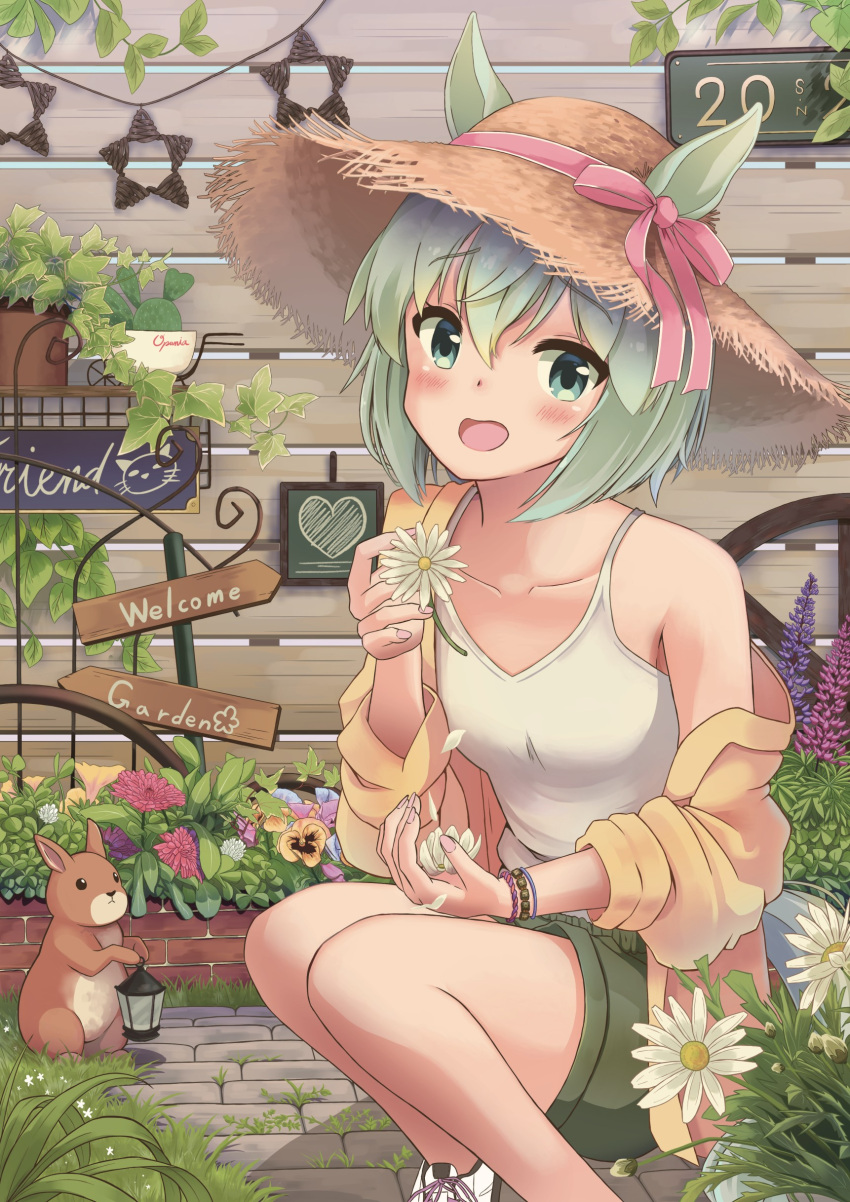 1girl absurdres animal_ears bangs blush bracelet cactus daisy ears_through_headwear english_text fence flower flower_bed flower_request garden green_eyes green_hair hat hat_ribbon highres holding holding_flower horse_ears horse_girl horse_tail jacket jewelry lantern off_shoulder open_mouth outdoors plant potted_plant rabbit ribbon road_sign seiun_sky_(umamusume) shoes short_hair shorts sign smile sneakers solo squatting star_(symbol) stone_floor straw_hat tail tank_top umamusume vines wheel yuki_(user_tjvn3757)