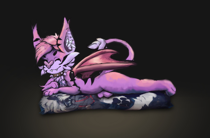 absurd_res anthro body_pillow bodypillow canid canine canis chiropteran collar domestic_dog dragon eyes_closed hair helluva_boss hi_res kiraco loona_(helluva_boss) male mammal pillow purple_body purple_hair raised_tail solo spiked_collar spikes spread_wings stripes touro wings