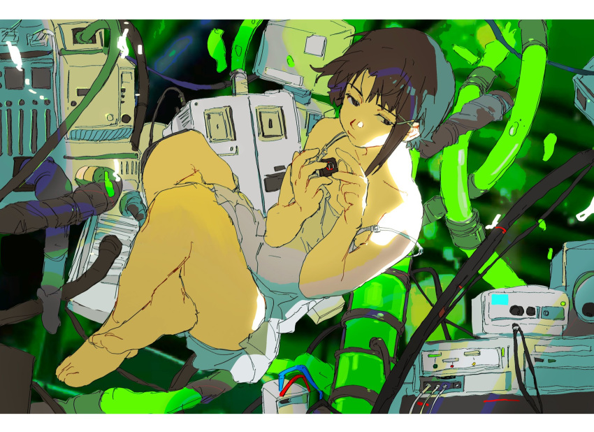 1girl asymmetrical_hair bangs bare_legs bare_shoulders barefoot brown_eyes brown_hair cable cloudyooooo computer dress expressionless floating full_body hair_ornament highres iwakura_lain knees_up light machinery parted_bangs serial_experiments_lain short_hair short_hair_with_long_locks sidelocks single_sidelock solo spaghetti_strap strap_slip thighs tube white_dress wire x_hair_ornament