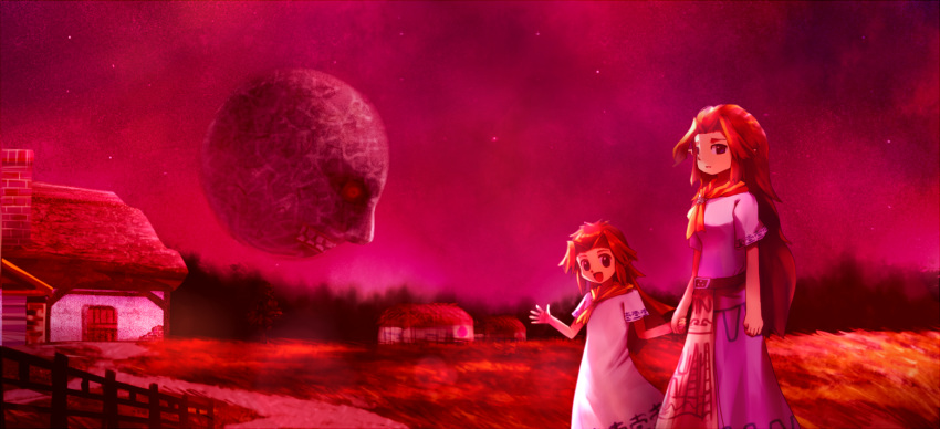 2girls arms_at_sides backlighting belt breasts clenched_teeth commentary_request cremia dress female_child fence flat_chest full_moon grass hair_intakes hands_up happy holding_hands house long_hair looking_at_viewer moon moon_(majora's_mask) multiple_girls neckerchief night open_mouth outdoors path red_hair red_theme ribero road romani_(zelda) short_sleeves siblings sidelocks sisters small_breasts smile star_(sky) tabard teeth the_legend_of_zelda the_legend_of_zelda:_majora's_mask waving white_dress yellow_neckerchief